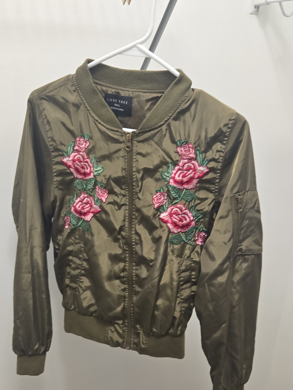 Love Tree Olive Green Bomber Jacket with Pink Rose Embroidery